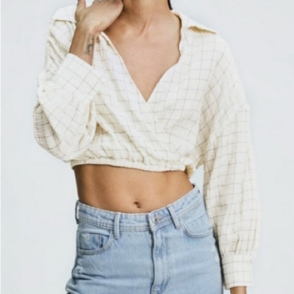 Zara Cream Grid Cropped Wrap Shirt